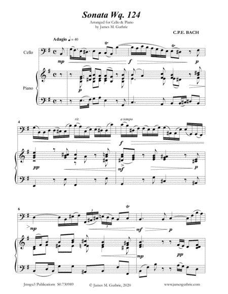 CPE BACH: Sonata in E Minor WQ124 for Cello & Piano (arr. James Guthrie, ASCAP)