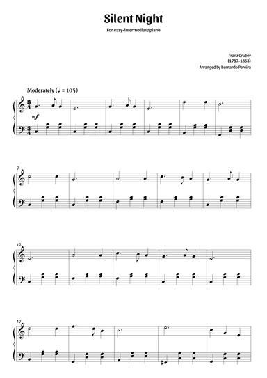 Silent Night (easy-intermediate piano in C major – clean sheet music) (arr. Bernardo Pereira)