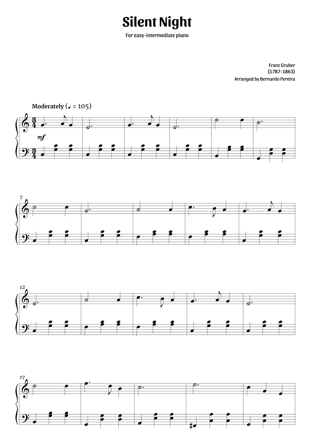 Silent Night (easy-intermediate piano in C major – clean sheet music) (arr. Bernardo Pereira)