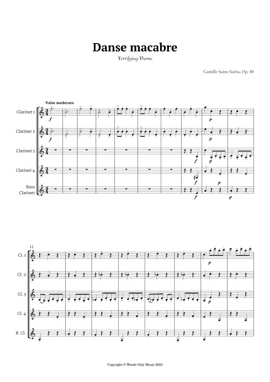 Danse Macabre by Camille Saint-Saens for Clarinet Quintet (arr. Ander)