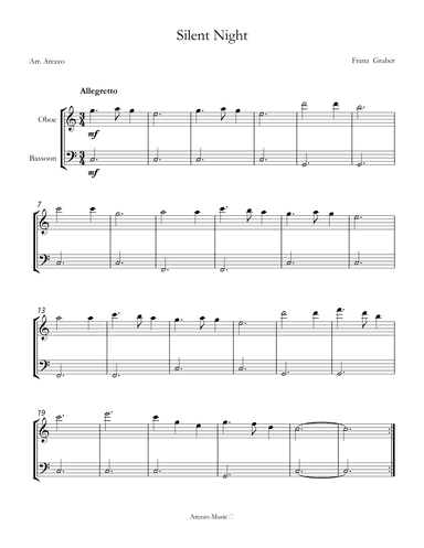 Silent Night carol for beginners sheet music for Oboe and Bassoon (arr. Arezzo Music)