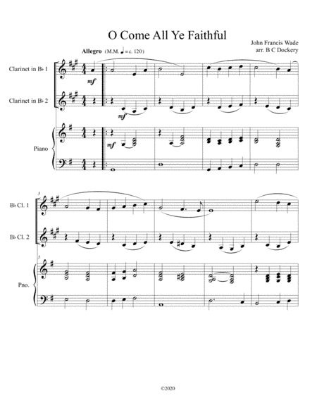 O Come All Ye Faithful (clarinet duet) with optional piano accompaniment (arr. B C Dockery)