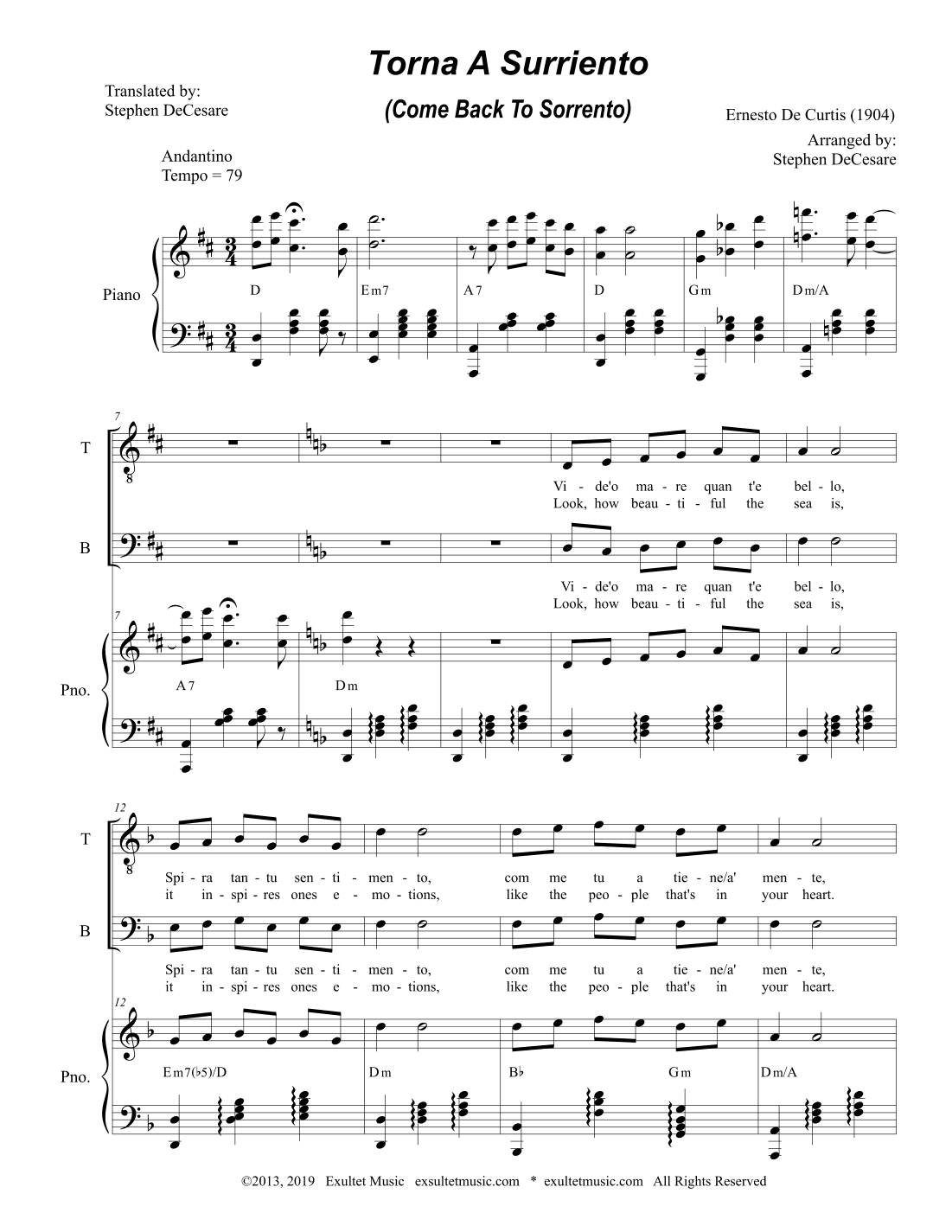 Torna A Surriento (Come Back to Sorrento) (SATB - Alternate Version) (arr. Stephen DeCesare)