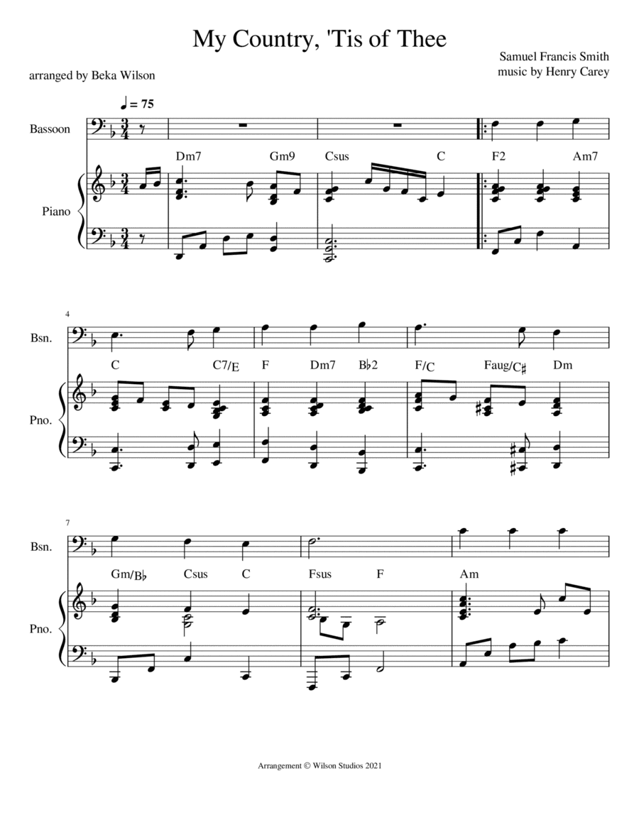 America (My Country 'Tis of Thee)--bassoon solo (arr. Beka Wilson)