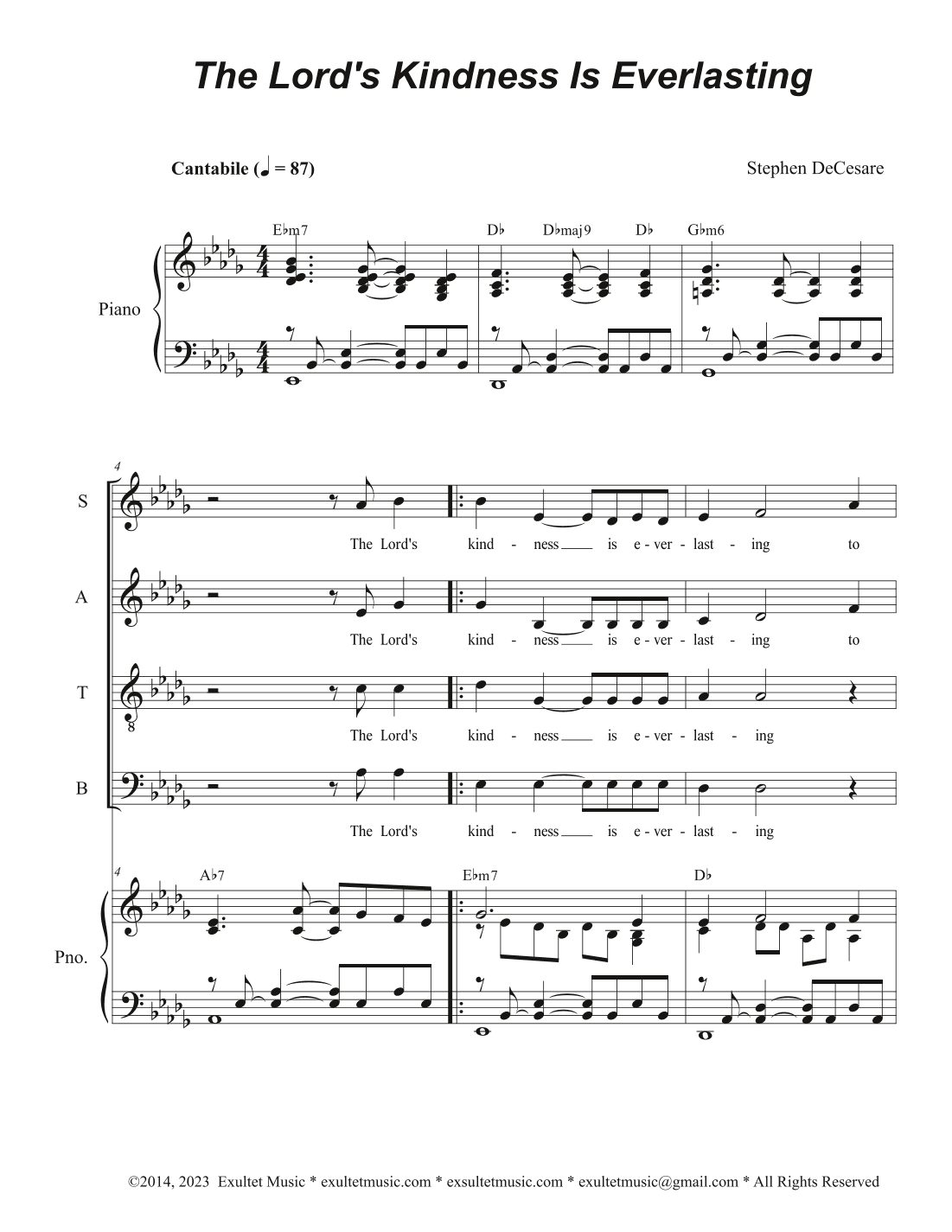 The Lord's Kindness Is Everlasting (Vocal Quartet - (SATB)