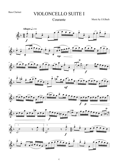 Courante from Violoncello Suite I by J.S.Bach for Bass Clarinet (arr. The Sheet Music Library)
