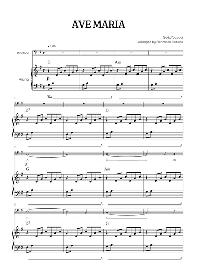 Bach / Gounod Ave Maria in G major • baritone sheet music with piano accompaniment and chords (arr. Benzaiten Editions)