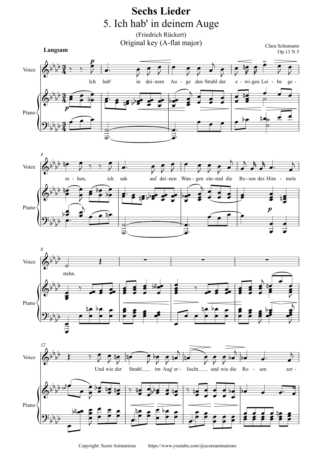 C.SCHUMANN. Ich hab' in deinem Auge Op 13 N5 in A-flat major (Original key) (arr. Russian for Singers)