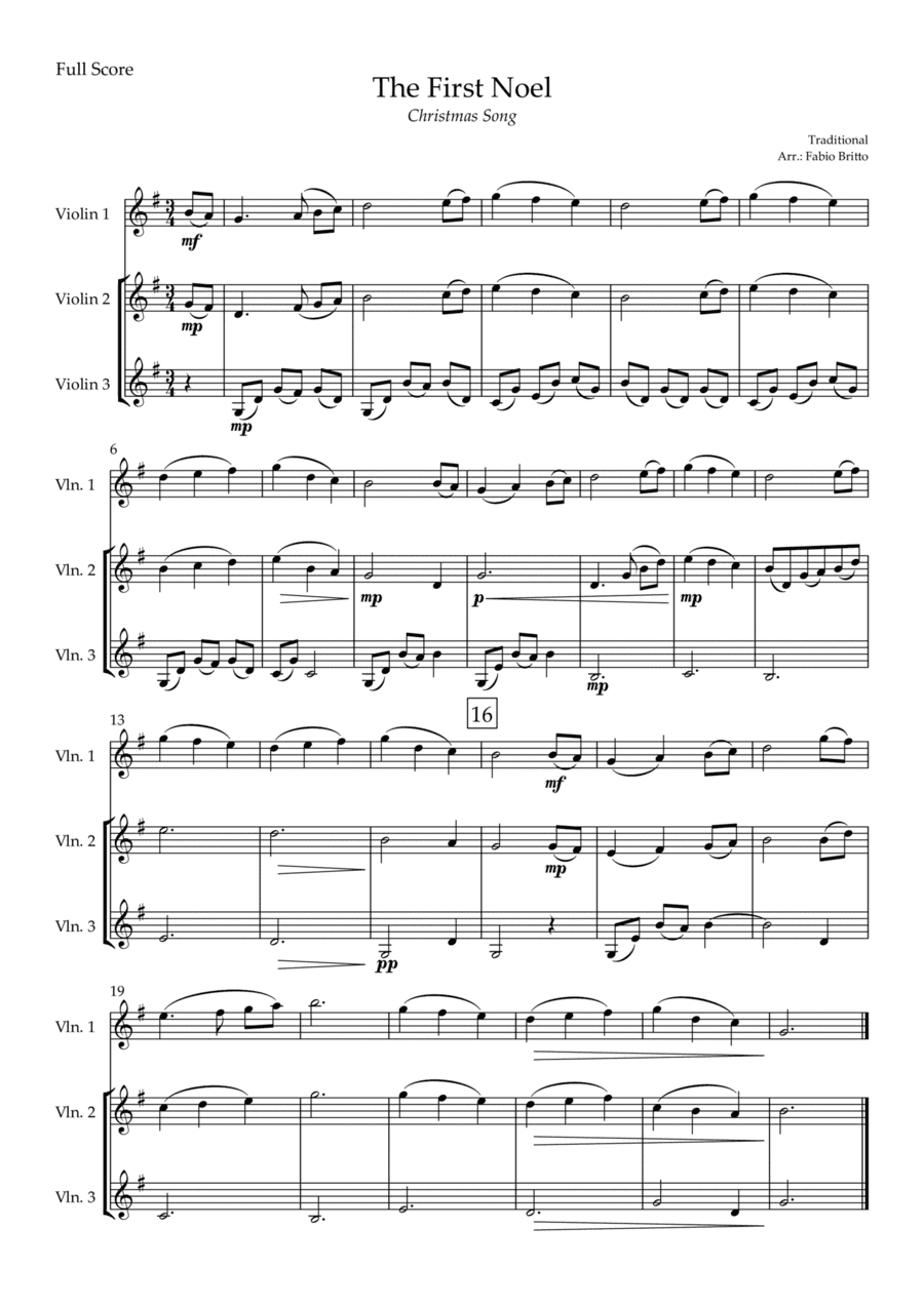 The First Noel (Christmas Song) for Violin Trio (arr. Fabio Britto)