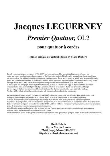 Jacques Leguerney: Premier Quatuor à Cordes (First String Quartet) for two violins, viola and cella