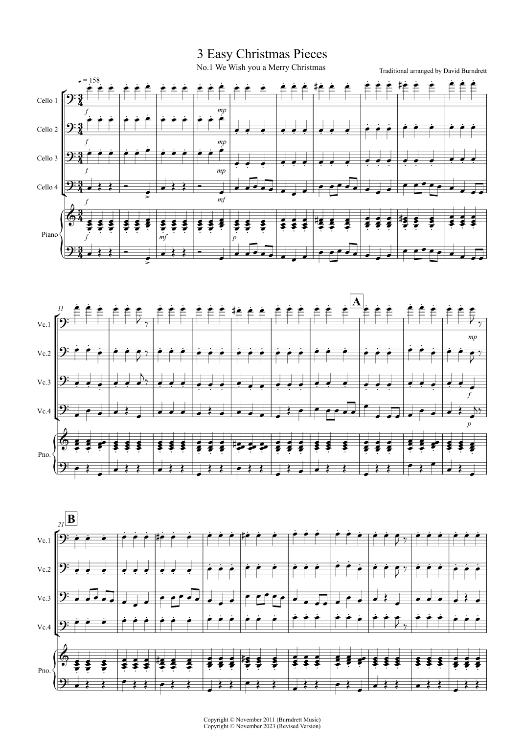 3 Easy Christmas Pieces for Cello Quartet (arr. David Burndrett)