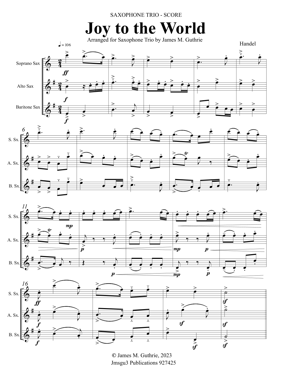 Joy to the World for Saxophone Trio (arr. James M. Guthrie)