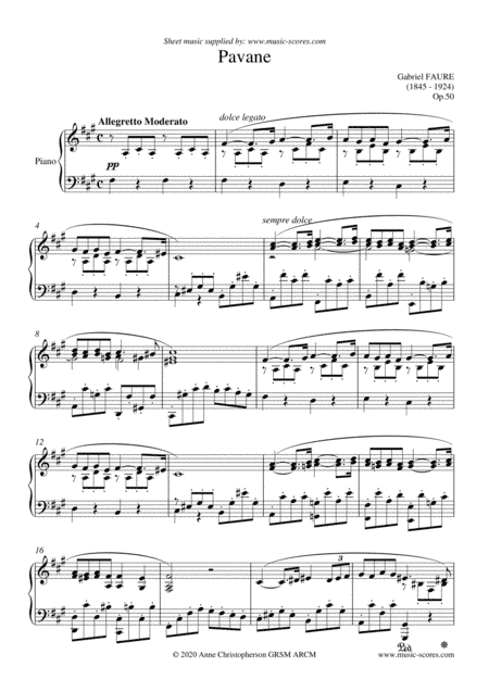 Op.50 Pavane - Piano - F# minor (arr. Anne Christopherson GRSM ARCM)