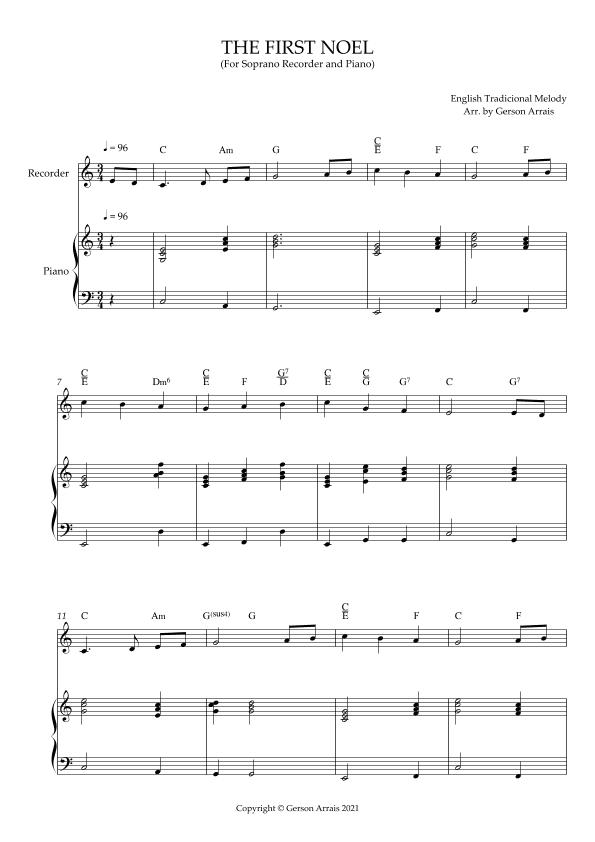 The First Noel - for Bb Trumpet and Piano - Socre and Parts (arr. Gerson Arrais)