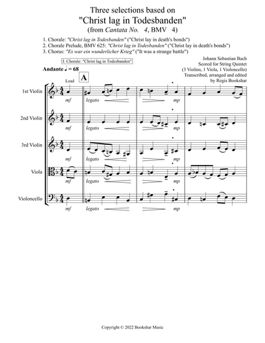 Three selections based on "Christ lag in Todesbanden" (String Quintet - 3 Violin, 1 Viola, 1 Cello) (arr. Regis Bookshar)