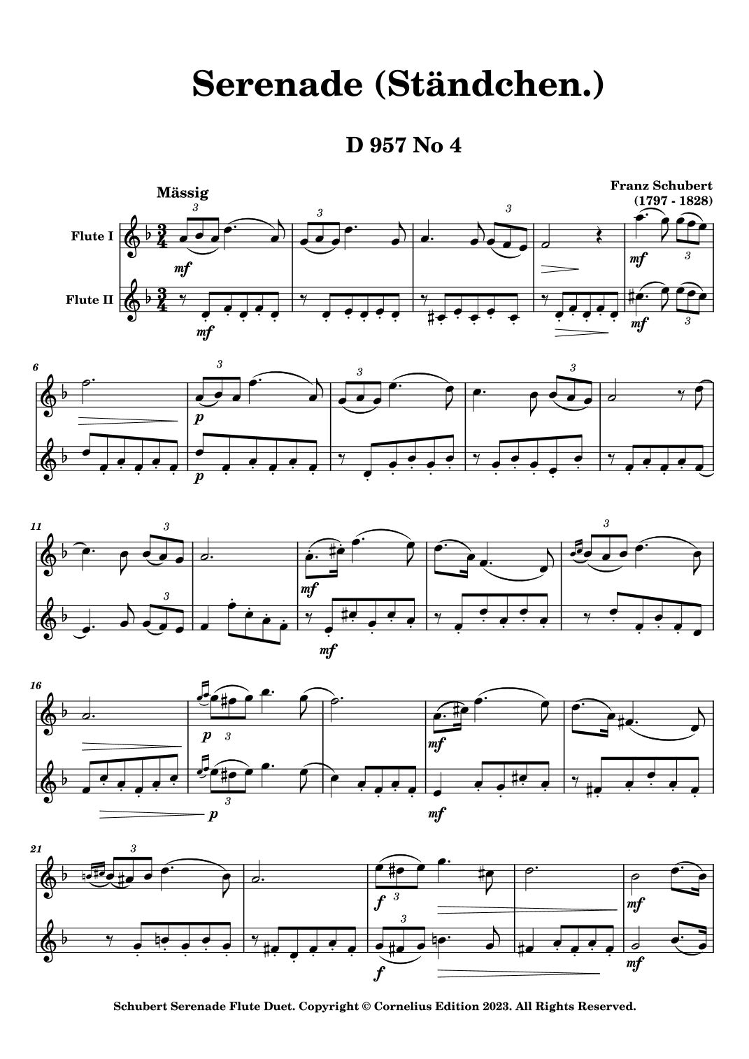 Schubert Serenade (Ständchen) No 4 from Schwanengesang (Swan Song) D957  Woodwind Duet 2 flutes. (arr. Glenn Martin)