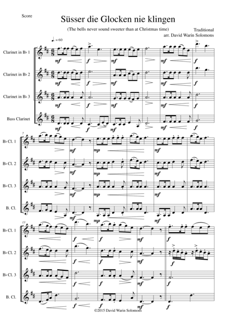 Süsser die Glocken (The bells never sound sweeter) for clarinet quartet (arr. David Warin Solomons)