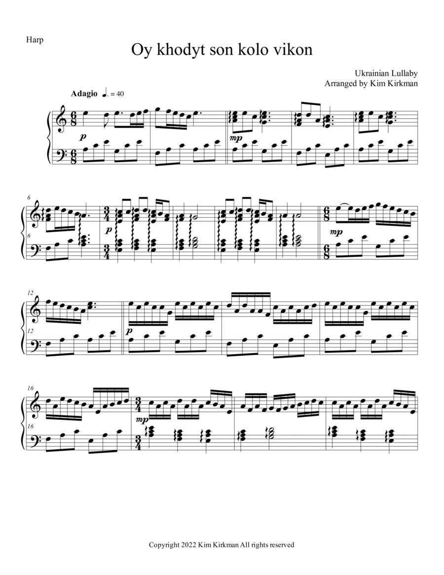 Ukrainian Folk Song Oy khodyt son kolo vikon for harp (no levers required) (arr. Kim Kirkman)