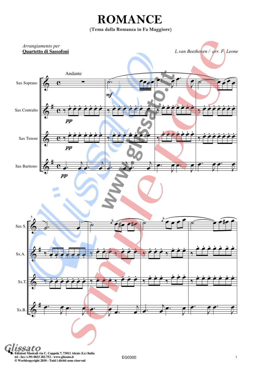 Theme from "Romance in F" for Saxophone Quartet (satb/aatb) score & parts (arr. Francesco Leone)