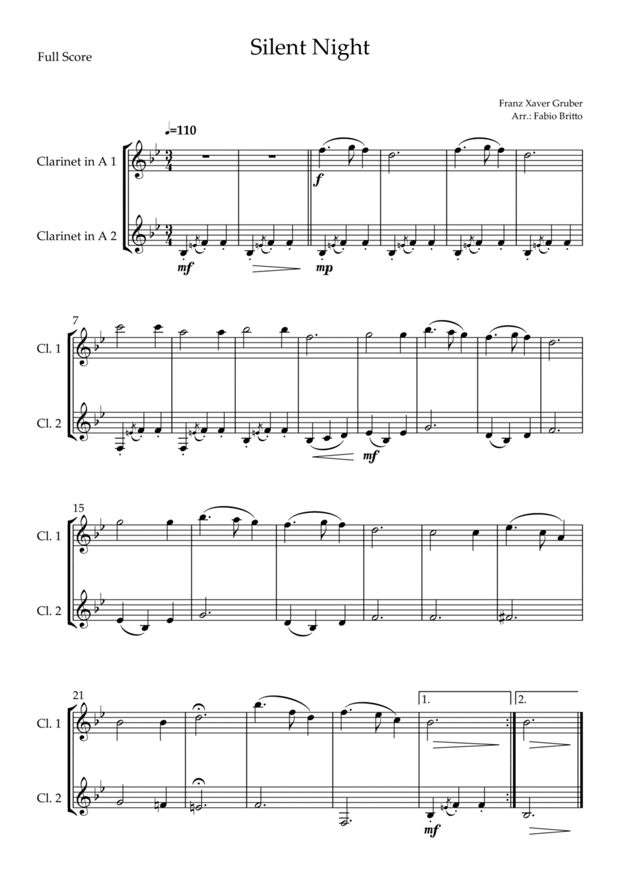 Silent Night (Christmas Song) for Clarinet in A Duo (arr. Fabio Britto)