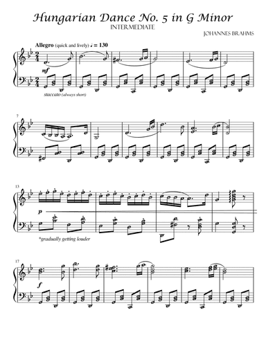 Hungarian Dance No. 5 in G Minor (Brahms) Piano Solo Grade 6 - 7 with note names and meanings (arr. Published Harmony Valarie)