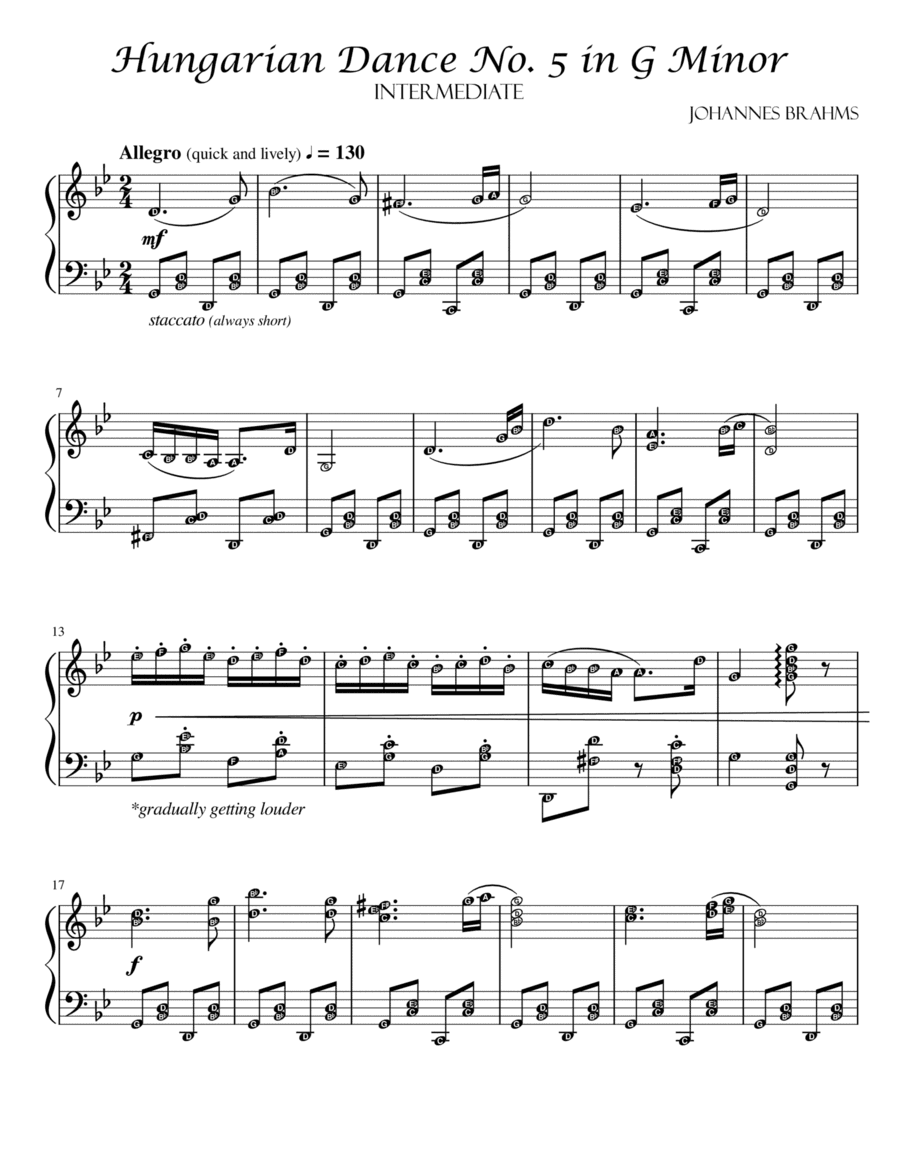 Hungarian Dance No. 5 in G Minor (Brahms) Piano Solo Grade 6 - 7 with note names and meanings (arr. Published Harmony Valarie)