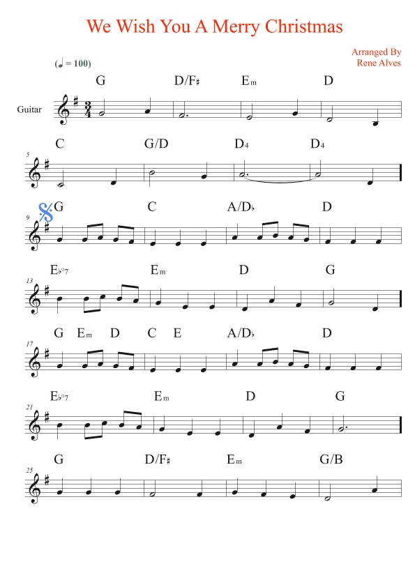 We Wish You A Merry Christmas, sheet music and guitar melody for the beginning musician (easy). (arr. Rene Alves)