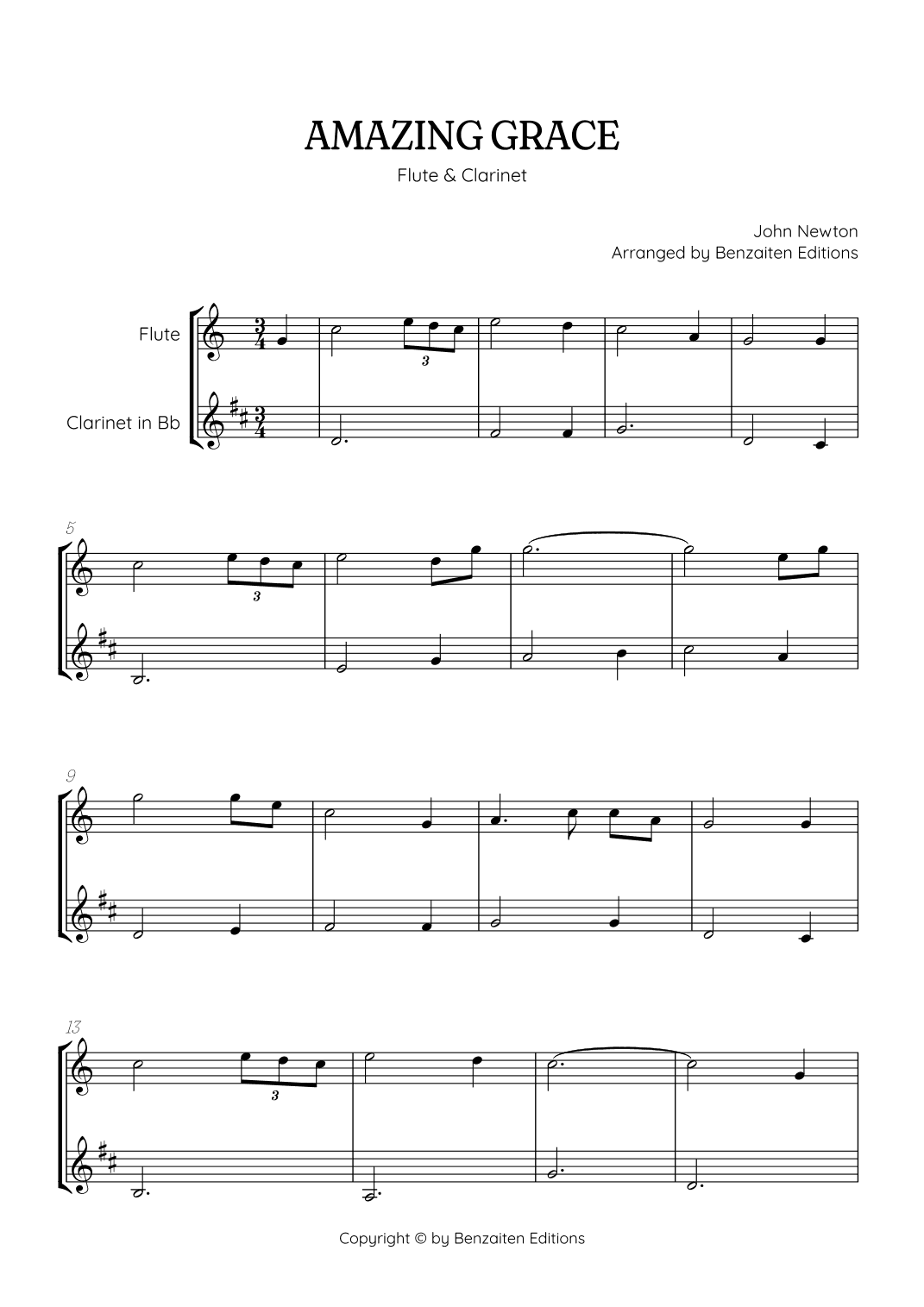 Amazing Grace • easy flute and clarinet sheet music (arr. Benzaiten Editions)