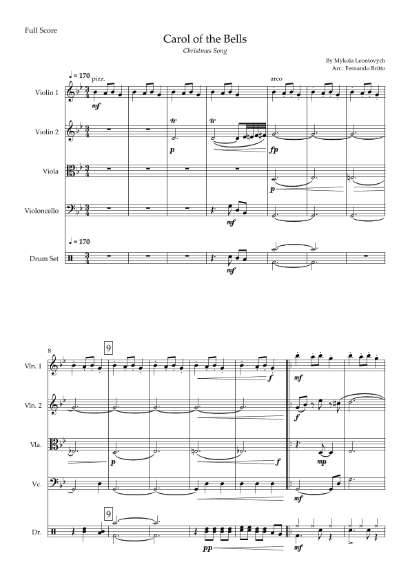 Carol of The Bells - Jazz Version (Christmas Song) for String Quartet and Drums (arr. Fabio Britto)