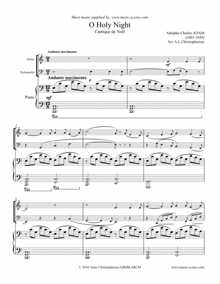 Cantique de Noel; O Holy Night - Violin, Cello and Piano - C Major (arr. Anne L Christopherson GRSM ARCM)