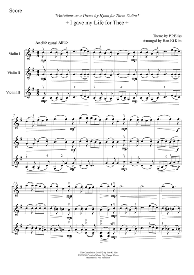 I gave my life for Thee(For 3Vns,or 2Vns and Va) (arr. Han-Ki Kim)