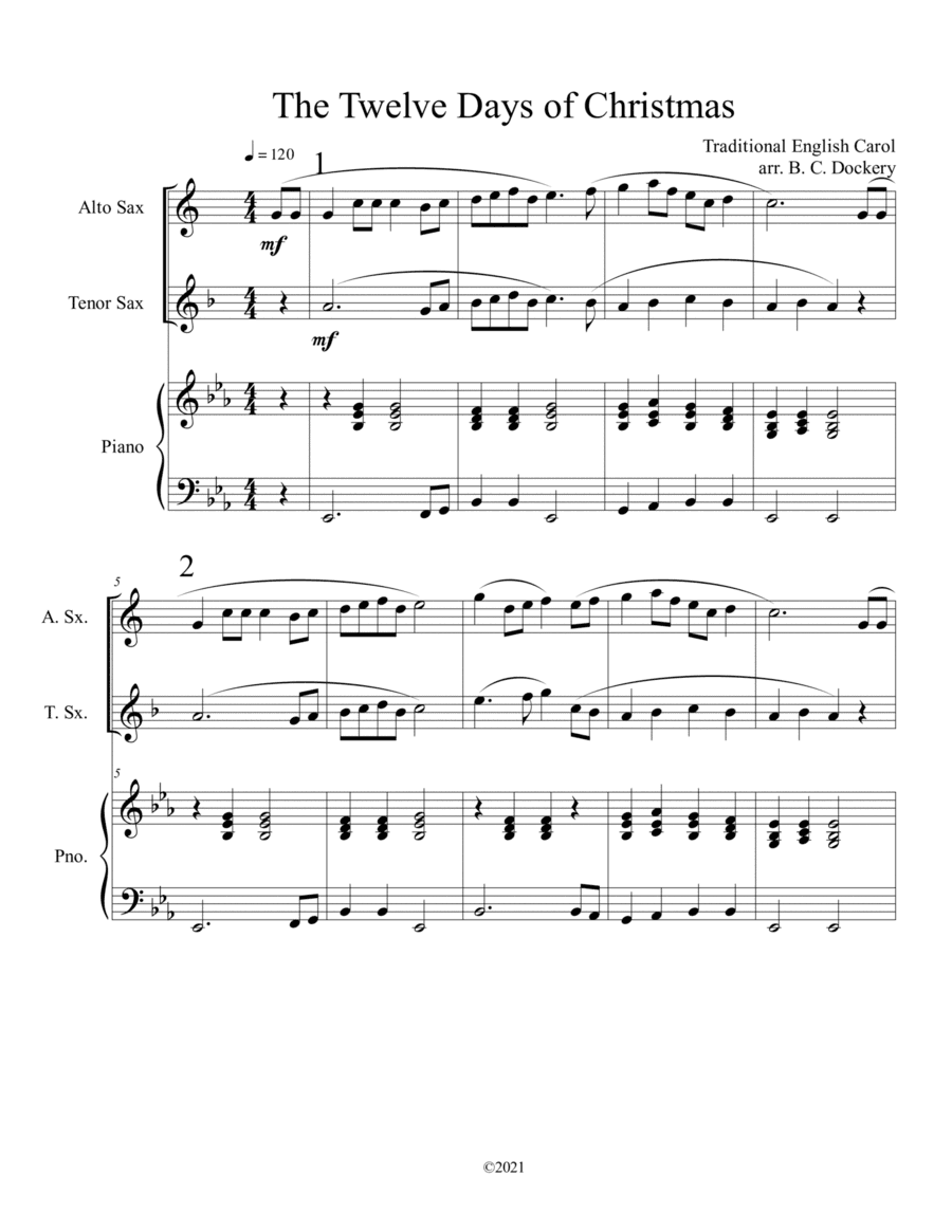 The Twelve Days of Christmas (Alto and Tenor Sax Duet with Piano Accompaniment) (arr. B. C. Dockery)