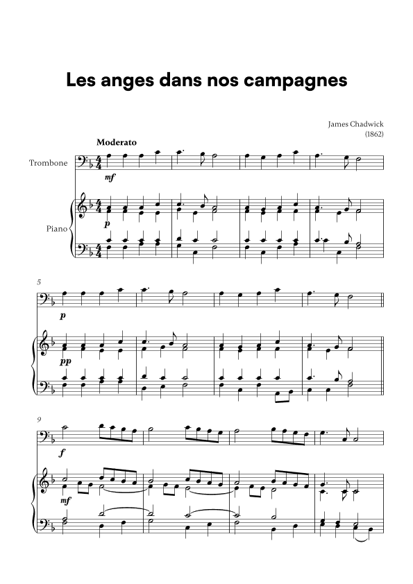 Les anges dans nos campagnes (for Trombone and Piano) (arr. Cadenza Editions)