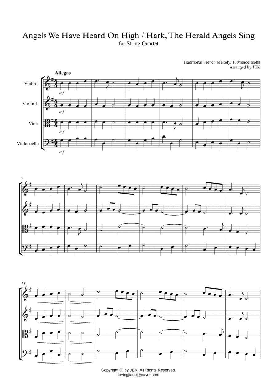 HYMN FOR STRING QUARTET - Angels We Have Heard On High, Hark The Herald Angels Sing (arr. JEK)