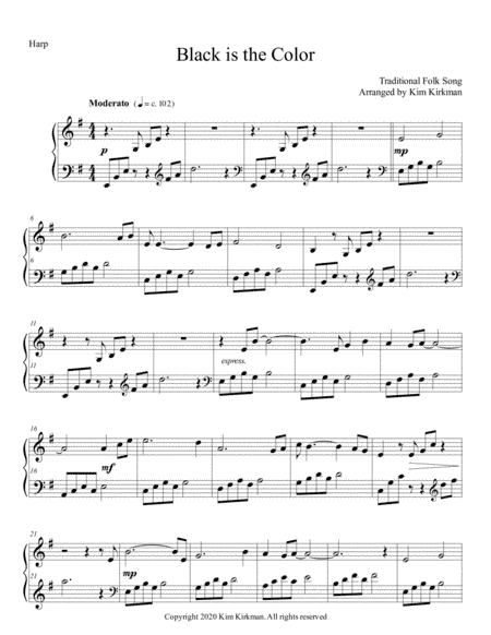 Black is the Color (of My True Love's Hair) for solo harp in Joan Baez sing-a-long key (arr. Kim Kirkman)