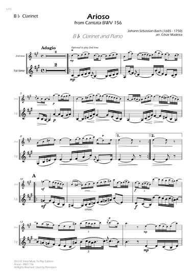 Arioso (BWV 156) - Bb Clarinet and Piano (Individual Parts) (arr. César Madeira)
