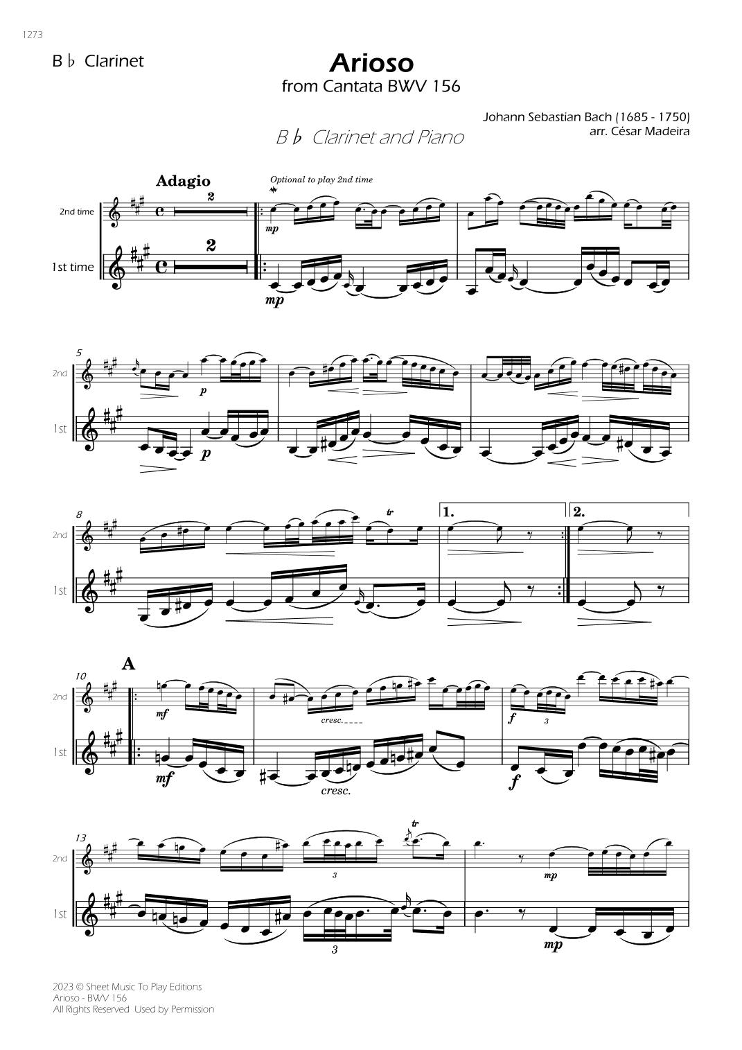 Arioso (BWV 156) - Bb Clarinet and Piano (Individual Parts) (arr. César Madeira)