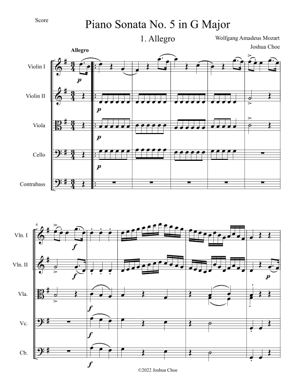 Piano Sonata No. 5 in G Major, Movement 1 (arr. Joshua Choe)