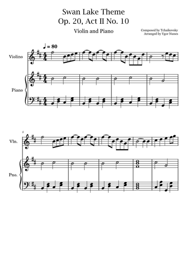 Swan Lake Theme - Tchaikovsky - Violin and Piano (arr. Ygor Nunes)