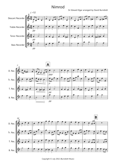Nimrod (from the Enigma Variations) for Recorder Quartet (arr. David Burndrett)