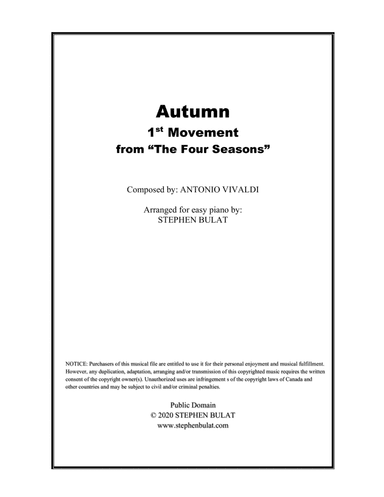 Autumn - 1st Movement from "The Four Seasons" (Vivaldi) - Arranged for easy piano (arr. Stephen Bulat)