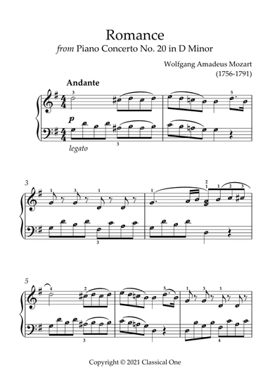 Mozart - Romance (from Piano Concerto No.20 in D Minor)(With Note name) (arr. MPS)