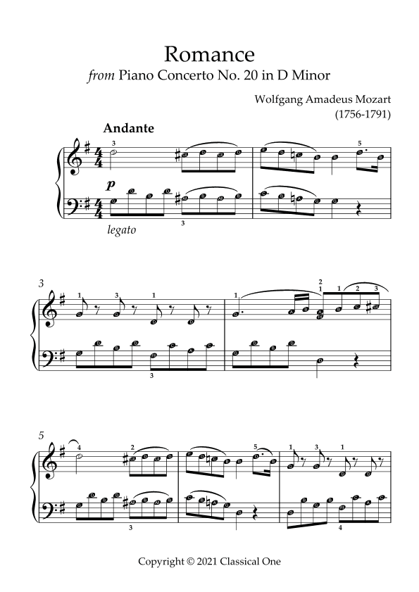 Mozart - Romance (from Piano Concerto No.20 in D Minor)(With Note name) (arr. MPS)