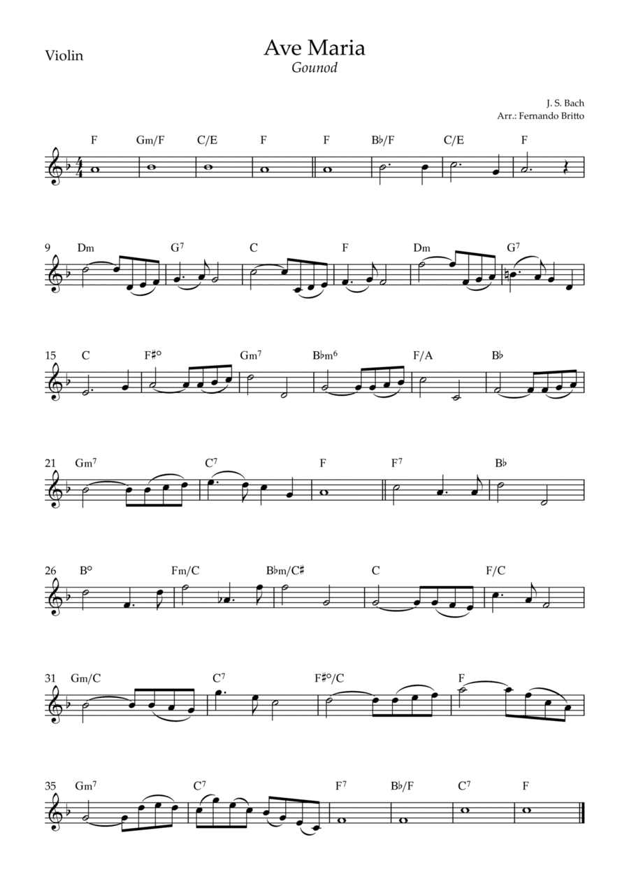 Ave Maria (Gounod) for Violin Solo with Chords (F Major) (arr. Fernando Britto)