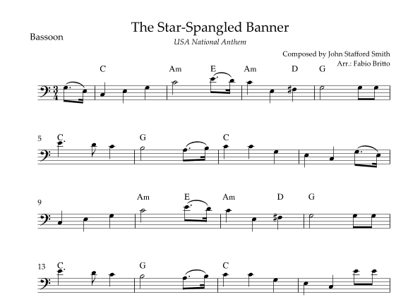 The Star Spangled Banner (USA National Anthem) for Bassoon Solo with Chords (C Major) (arr. Fabio Britto)