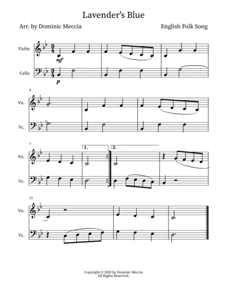 Lavender's Blue- Violin and Cello Duet (arr. Dominic Meccia)