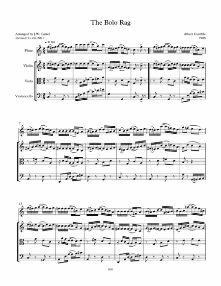 The Bolo Rag, by Albert Gumble (1908) arranged for Flute & String Trio (arr. J.W. Carter)