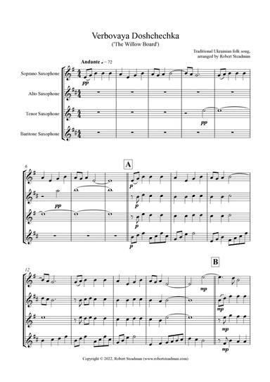 Verbovaya Doshchechka ('The Willow Board') - Ukrainian Folk Song - Saxophone Quartet (arr. Robert Steadman)