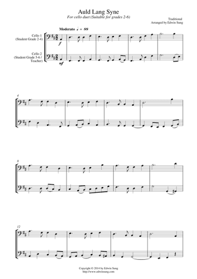 Auld Lang Syne (for cello duet, suitable for grades 2-6) (arr. Edwin Sung)