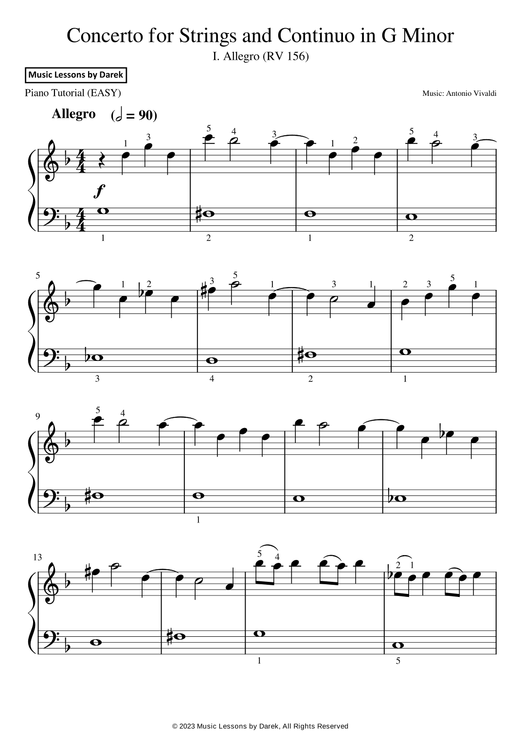 Concerto for Strings and Continuo in G Minor (EASY PIANO) I. Allegro (RV 156) [Antonio Vivaldi] (arr. Darek)